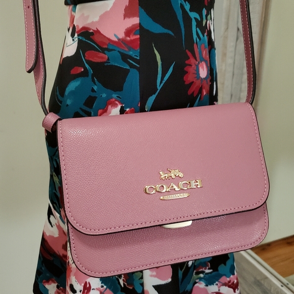 Coach Leather Crossbody Mini Brynn Handbag In Gold & True Pink - Picture 2 of 16